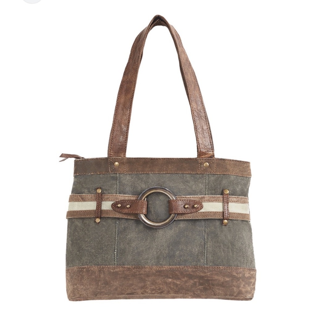Mona B Rowen Upcycled Canvas Olive Brown Boho O-Ring Distressed Shoulder Bag